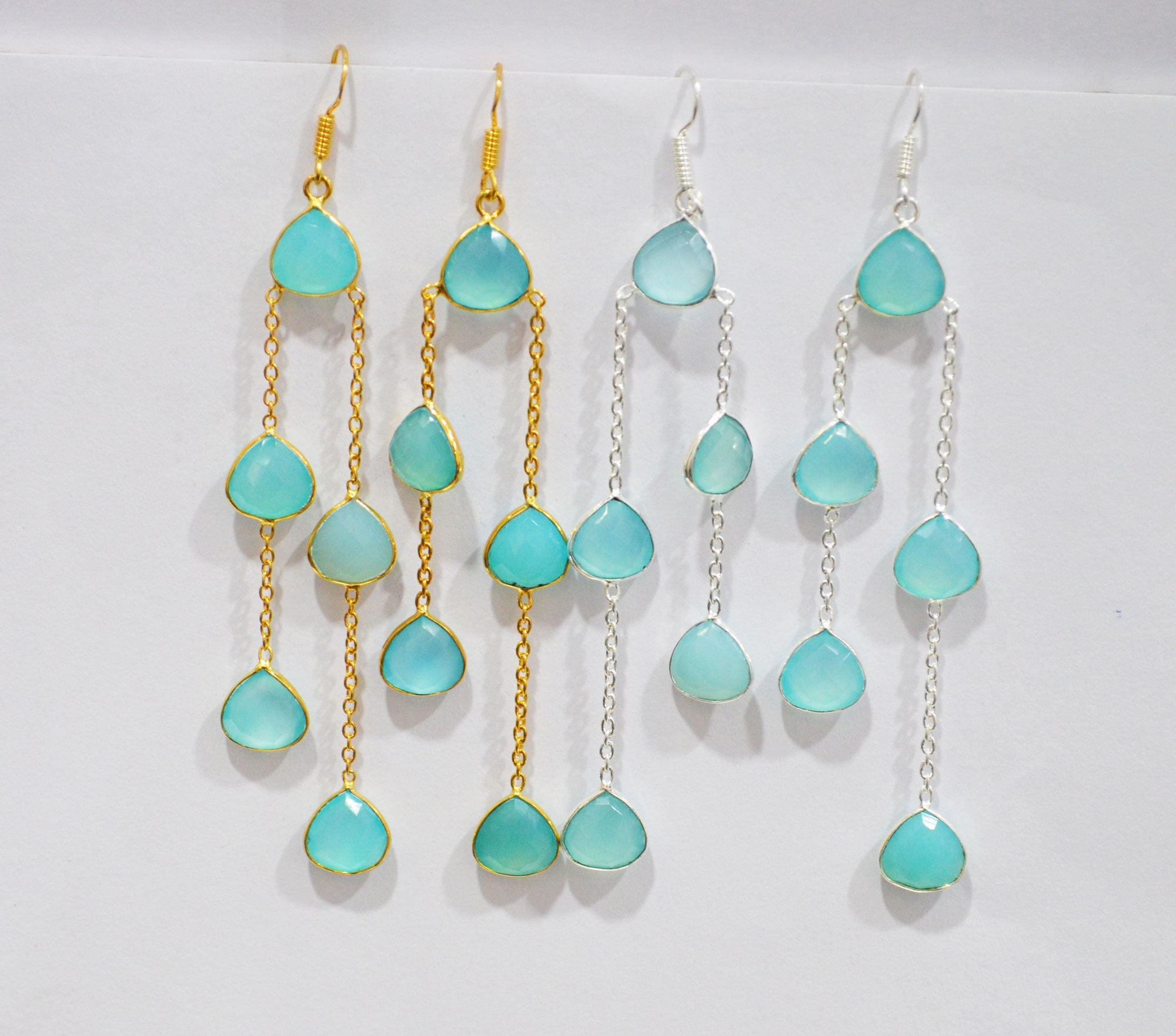 Aqua Chalcedony Fancy Shape Earrings , Aqua Chalcedony Heart Shape Gold Plated Brass Dangle Earrings , Women Earrings , 11 mm , RB-7447