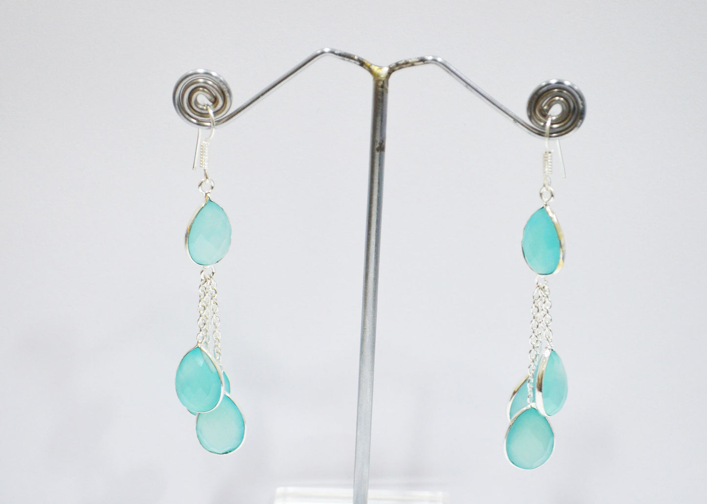 Aqua Chalcedony Fancy Shape Earrings , Aqua Chalcedony Pear Shape Gold Plated Brass Dangle Earrings , Women Earrings , 11x15 mm , RB-7448