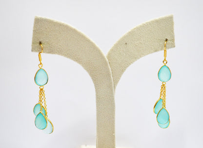 Aqua Chalcedony Fancy Shape Earrings , Aqua Chalcedony Pear Shape Gold Plated Brass Dangle Earrings , Women Earrings , 11x15 mm , RB-7448