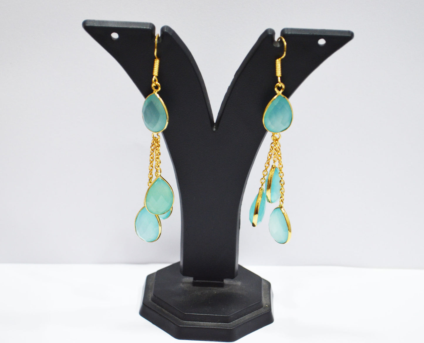 Aqua Chalcedony Fancy Shape Earrings , Aqua Chalcedony Pear Shape Gold Plated Brass Dangle Earrings , Women Earrings , 11x15 mm , RB-7448
