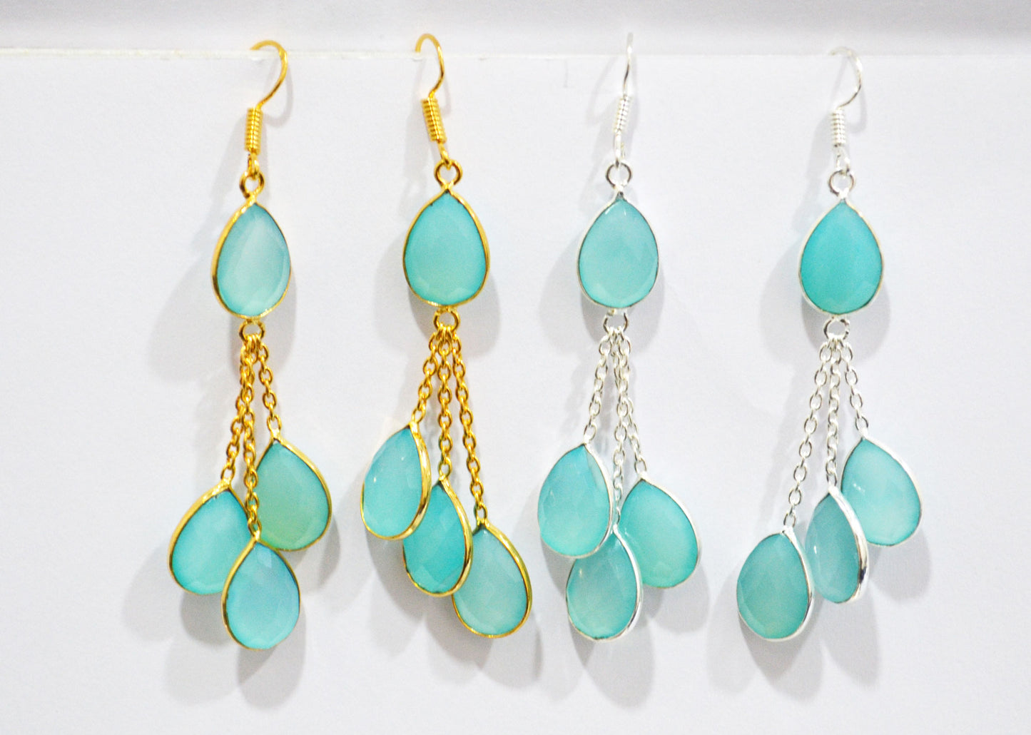 Aqua Chalcedony Fancy Shape Earrings , Aqua Chalcedony Pear Shape Gold Plated Brass Dangle Earrings , Women Earrings , 11x15 mm , RB-7448