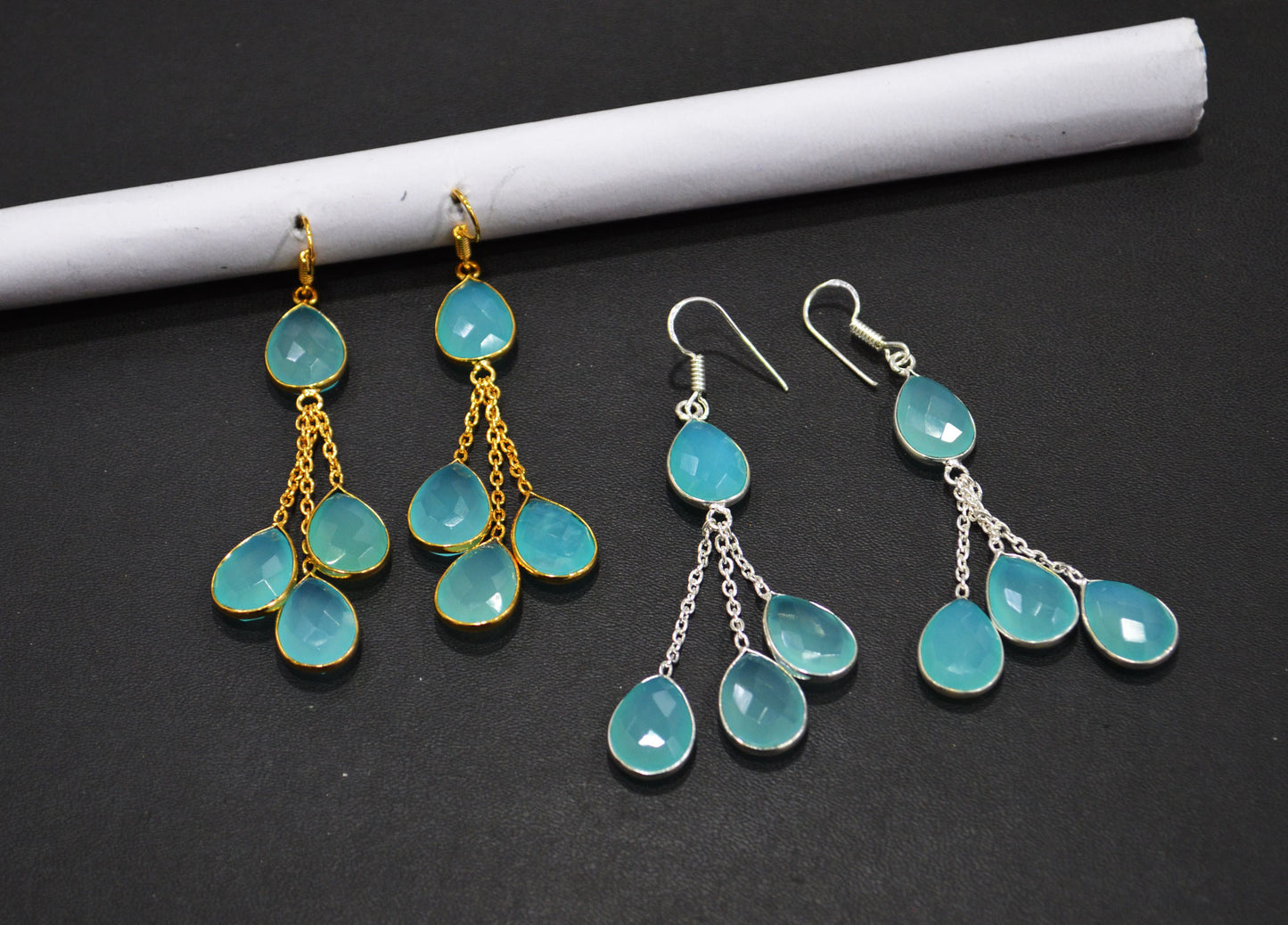 Aqua Chalcedony Fancy Shape Earrings , Aqua Chalcedony Pear Shape Gold Plated Brass Dangle Earrings , Women Earrings , 11x15 mm , RB-7448