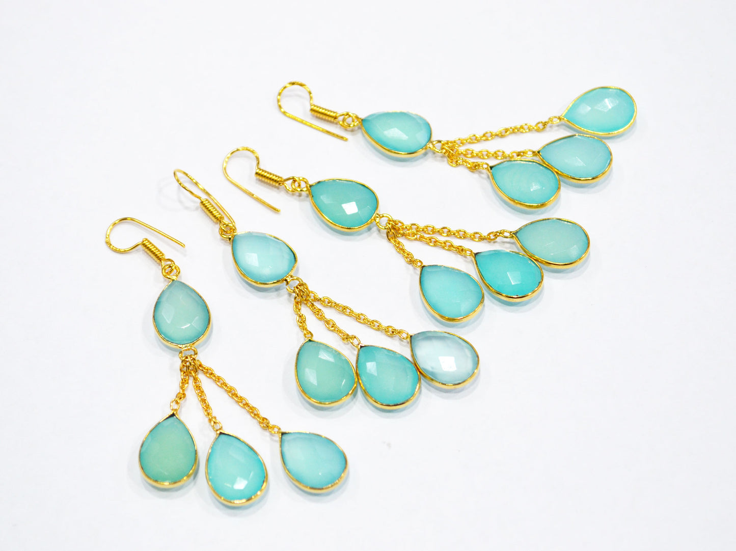 Aqua Chalcedony Fancy Shape Earrings , Aqua Chalcedony Pear Shape Gold Plated Brass Dangle Earrings , Women Earrings , 11x15 mm , RB-7448