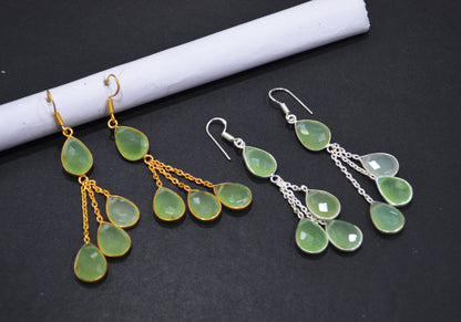 Prehnite Chalcedony Fancy Shape Earrings , Prehnite Chalcedony Pear Shape Gold Plated Brass Dangle Earrings , Women Earrings , 11x15 mm , RB-7449