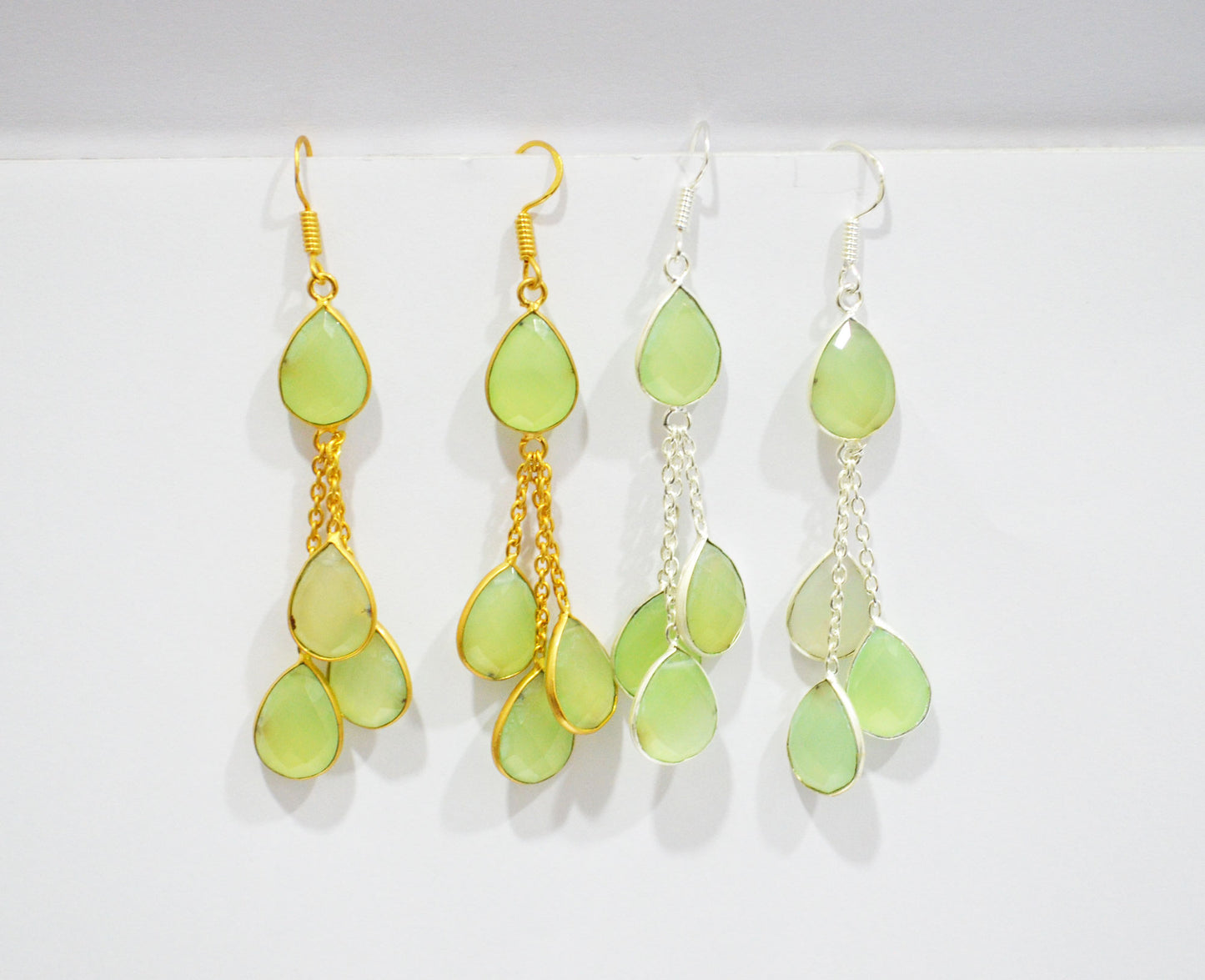 Prehnite Chalcedony Fancy Shape Earrings , Prehnite Chalcedony Pear Shape Gold Plated Brass Dangle Earrings , Women Earrings , 11x15 mm , RB-7449