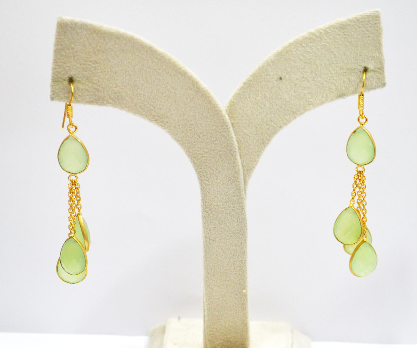 Prehnite Chalcedony Fancy Shape Earrings , Prehnite Chalcedony Pear Shape Gold Plated Brass Dangle Earrings , Women Earrings , 11x15 mm , RB-7449