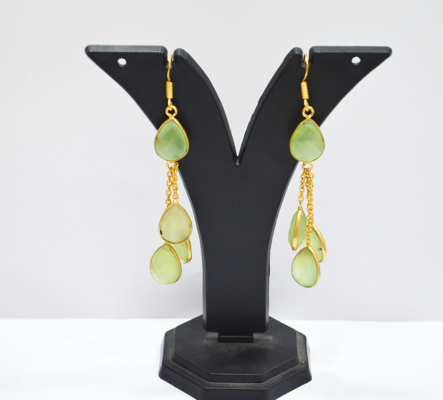 Prehnite Chalcedony Fancy Shape Earrings , Prehnite Chalcedony Pear Shape Gold Plated Brass Dangle Earrings , Women Earrings , 11x15 mm , RB-7449