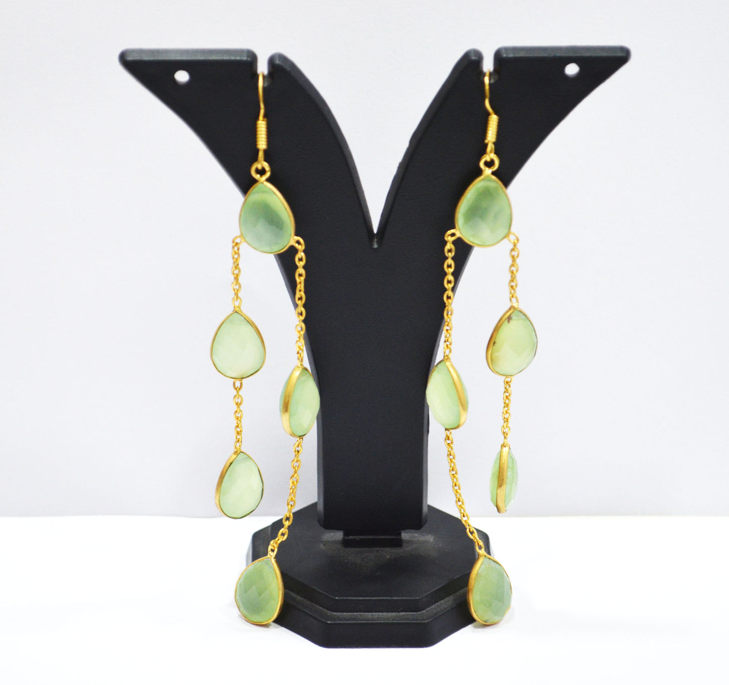 Prehnite Chalcedony Fancy Shape Earrings , Prehnite Chalcedony Pear Shape Gold Plated Brass Dangle Earrings , Women Earrings , 11x15 mm , RB-7450