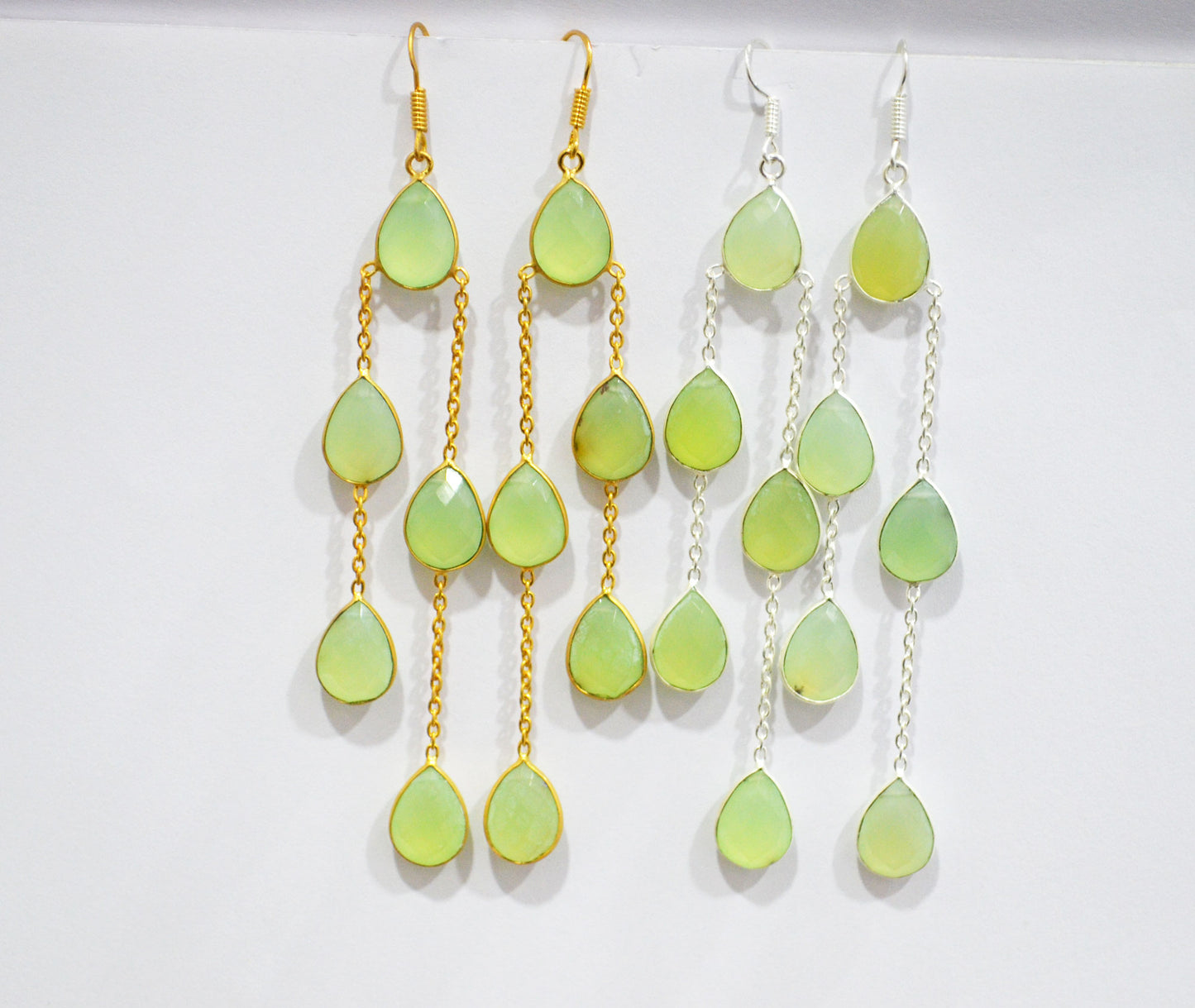 Prehnite Chalcedony Fancy Shape Earrings , Prehnite Chalcedony Pear Shape Gold Plated Brass Dangle Earrings , Women Earrings , 11x15 mm , RB-7450