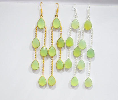 Prehnite Chalcedony Fancy Shape Earrings , Prehnite Chalcedony Pear Shape Gold Plated Brass Dangle Earrings , Women Earrings , 11x15 mm , RB-7450