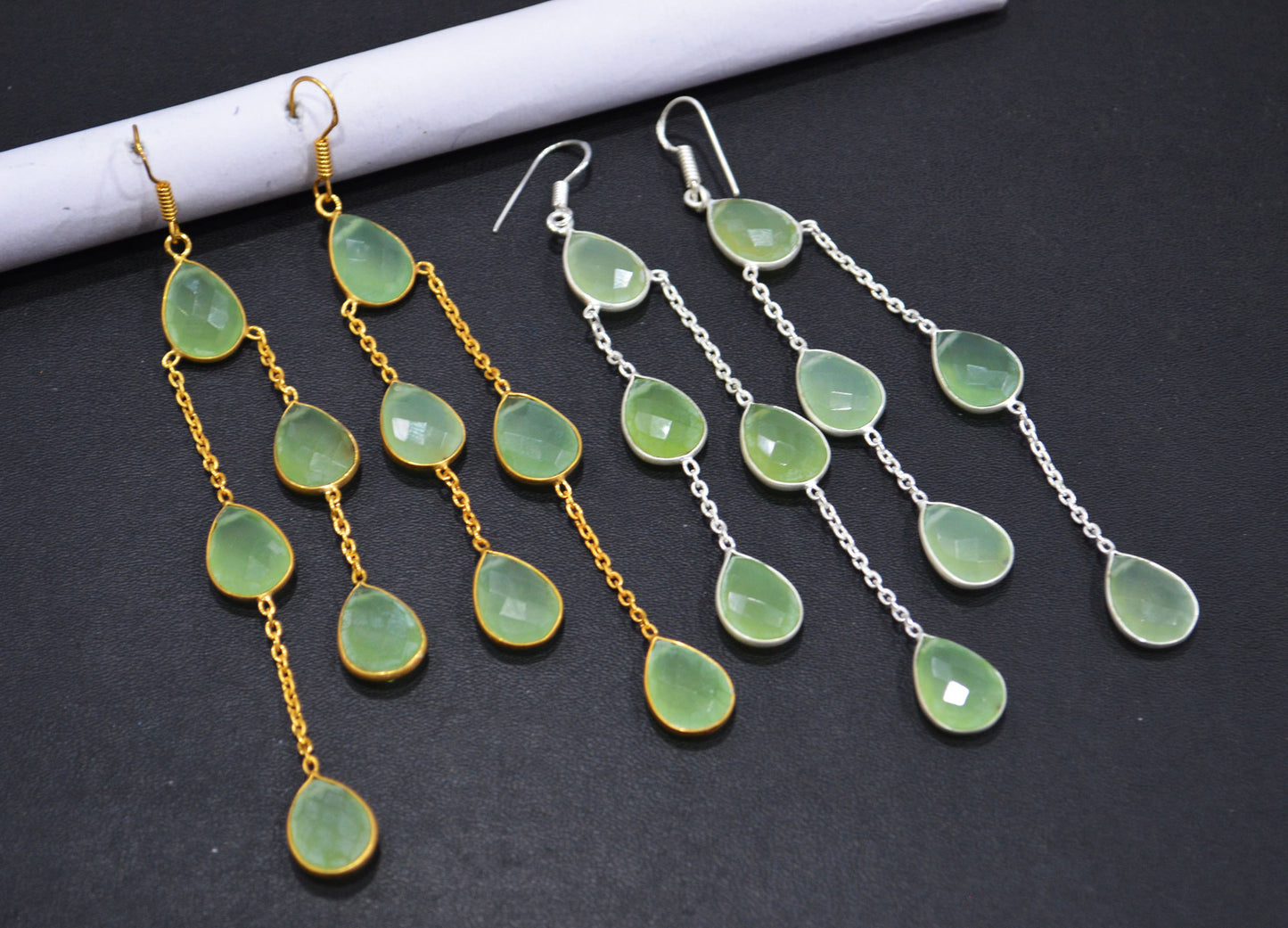 Prehnite Chalcedony Fancy Shape Earrings , Prehnite Chalcedony Pear Shape Gold Plated Brass Dangle Earrings , Women Earrings , 11x15 mm , RB-7450