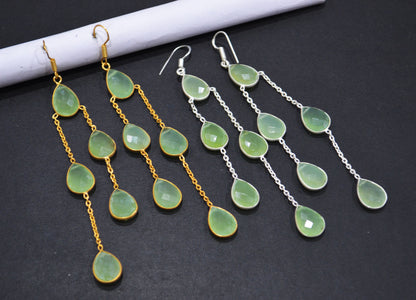 Prehnite Chalcedony Fancy Shape Earrings , Prehnite Chalcedony Pear Shape Gold Plated Brass Dangle Earrings , Women Earrings , 11x15 mm , RB-7450