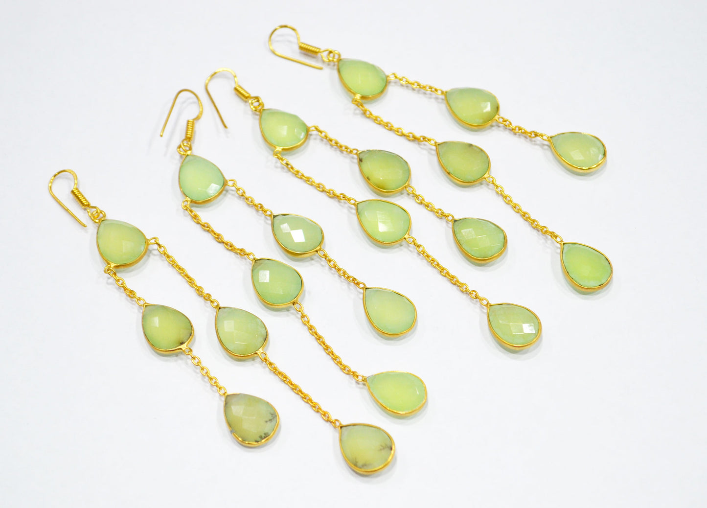 Prehnite Chalcedony Fancy Shape Earrings , Prehnite Chalcedony Pear Shape Gold Plated Brass Dangle Earrings , Women Earrings , 11x15 mm , RB-7450