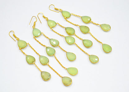 Prehnite Chalcedony Fancy Shape Earrings , Prehnite Chalcedony Pear Shape Gold Plated Brass Dangle Earrings , Women Earrings , 11x15 mm , RB-7450