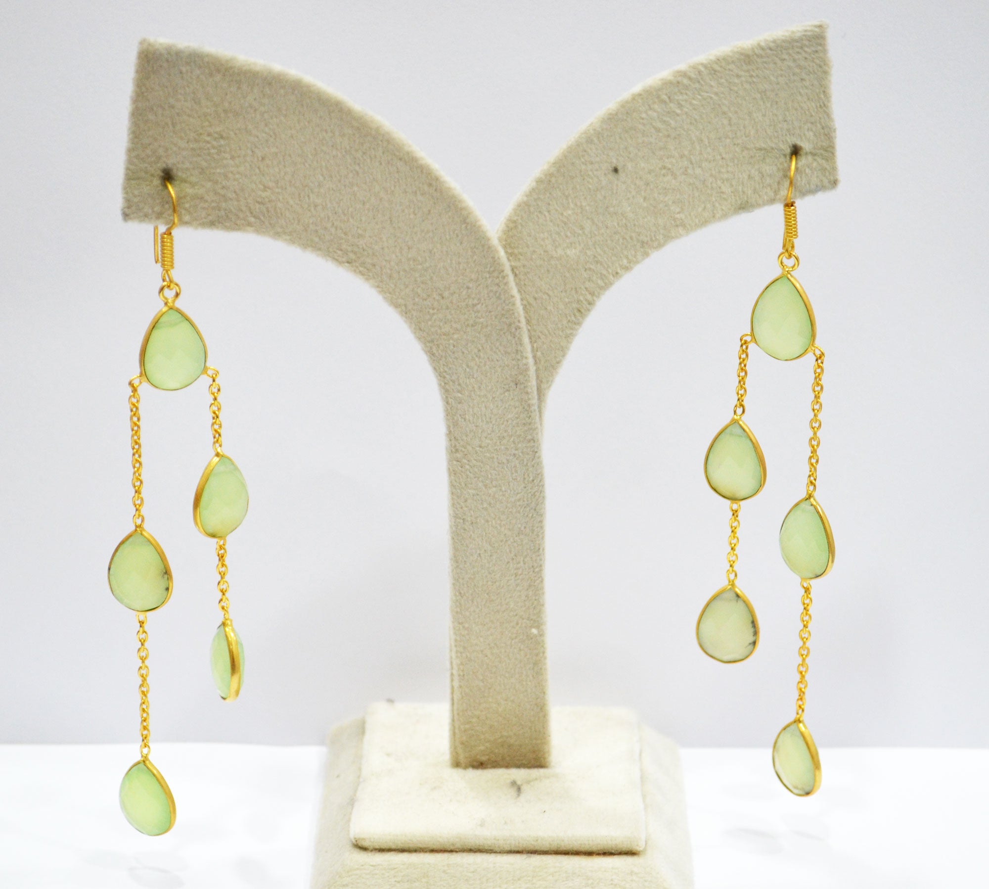 Prehnite Chalcedony Fancy Shape Earrings , Prehnite Chalcedony Pear Shape Gold Plated Brass Dangle Earrings , Women Earrings , 11x15 mm , RB-7450