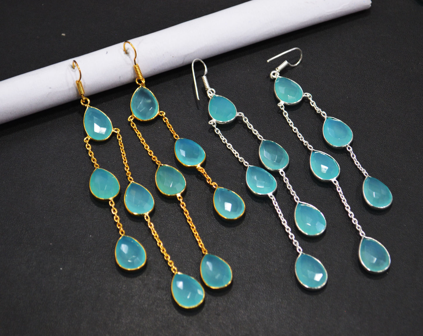 Aqua Chalcedony Fancy Shape Earrings , Aqua Chalcedony Pear Shape Gold Plated Brass Dangle Earrings , Women Earrings , 11x15 mm , RB-7451