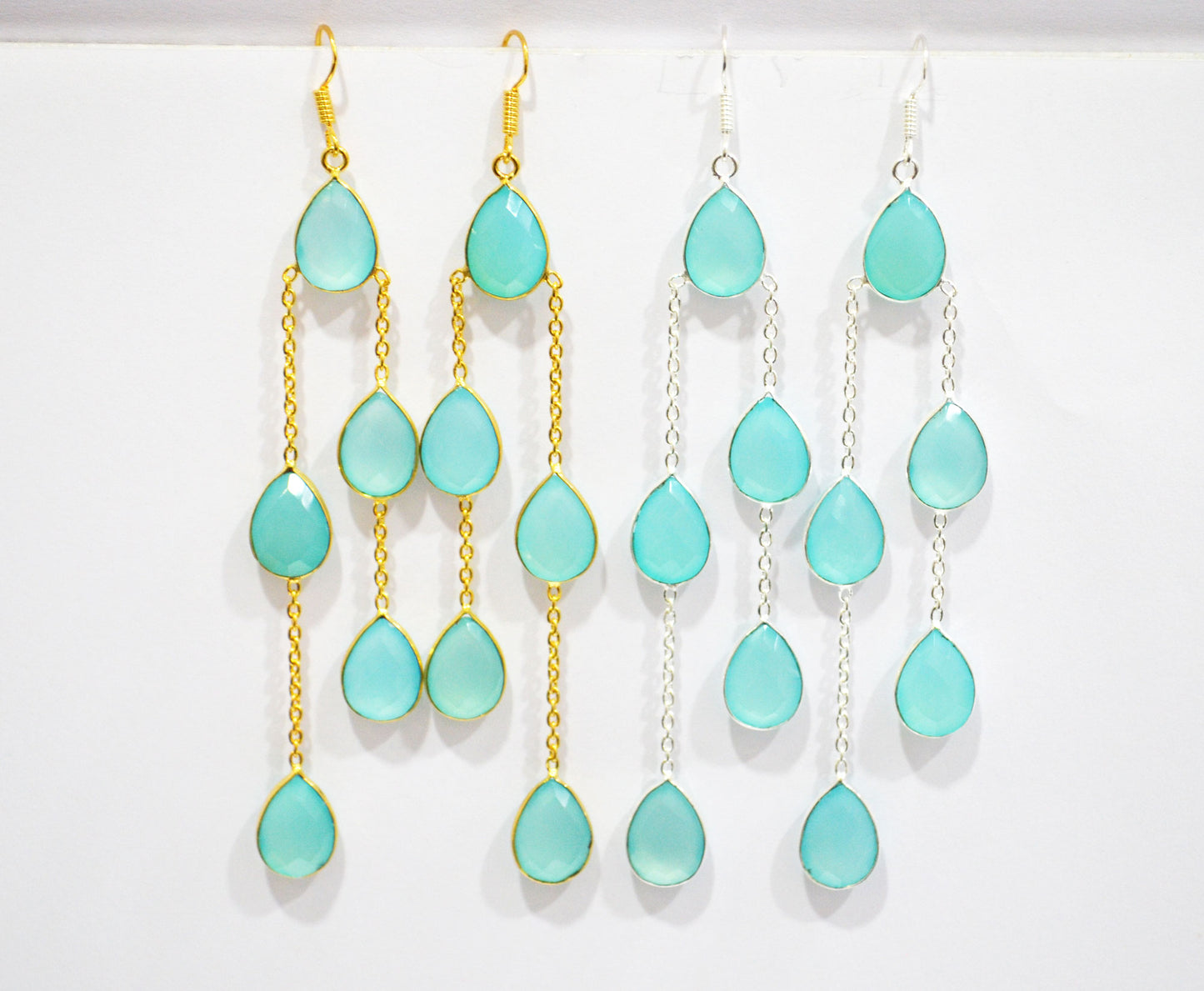 Aqua Chalcedony Fancy Shape Earrings , Aqua Chalcedony Pear Shape Gold Plated Brass Dangle Earrings , Women Earrings , 11x15 mm , RB-7451