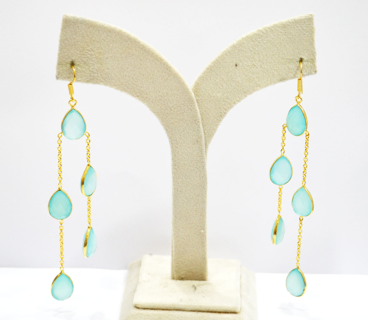 Aqua Chalcedony Fancy Shape Earrings , Aqua Chalcedony Pear Shape Gold Plated Brass Dangle Earrings , Women Earrings , 11x15 mm , RB-7451