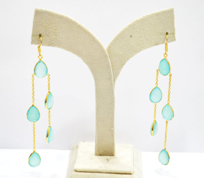 Aqua Chalcedony Fancy Shape Earrings , Aqua Chalcedony Pear Shape Gold Plated Brass Dangle Earrings , Women Earrings , 11x15 mm , RB-7451