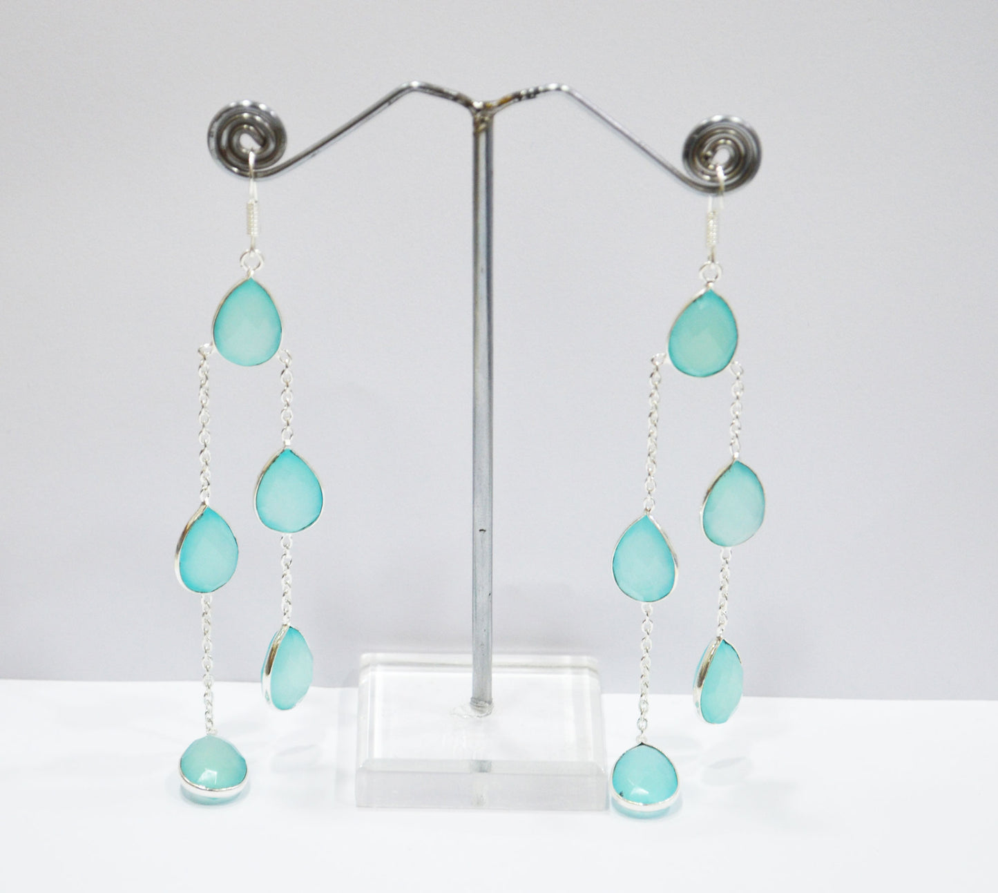 Aqua Chalcedony Fancy Shape Earrings , Aqua Chalcedony Pear Shape Gold Plated Brass Dangle Earrings , Women Earrings , 11x15 mm , RB-7451