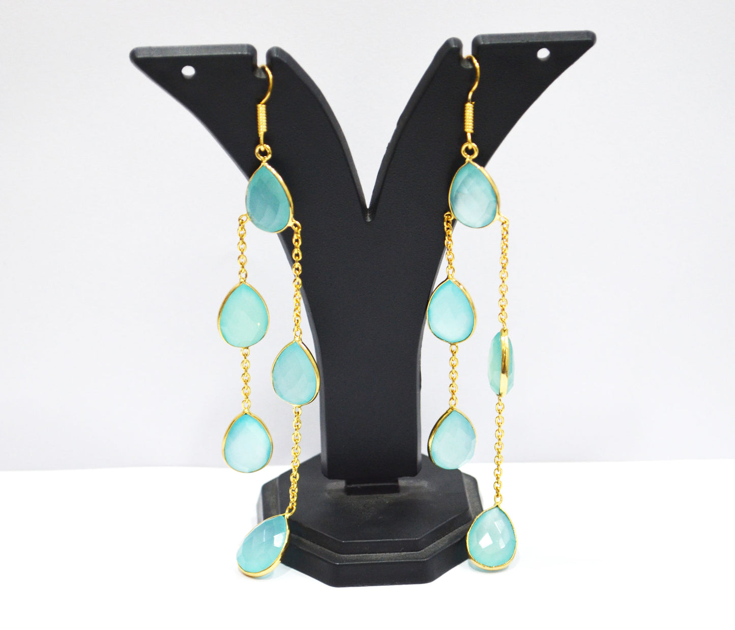 Aqua Chalcedony Fancy Shape Earrings , Aqua Chalcedony Pear Shape Gold Plated Brass Dangle Earrings , Women Earrings , 11x15 mm , RB-7451