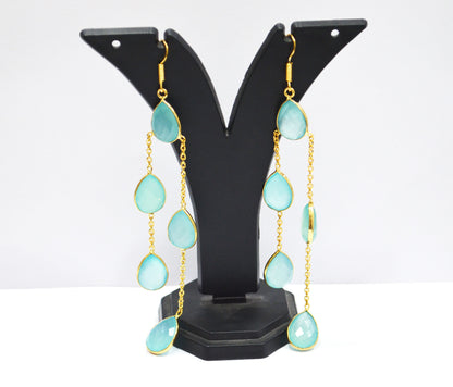 Aqua Chalcedony Fancy Shape Earrings , Aqua Chalcedony Pear Shape Gold Plated Brass Dangle Earrings , Women Earrings , 11x15 mm , RB-7451