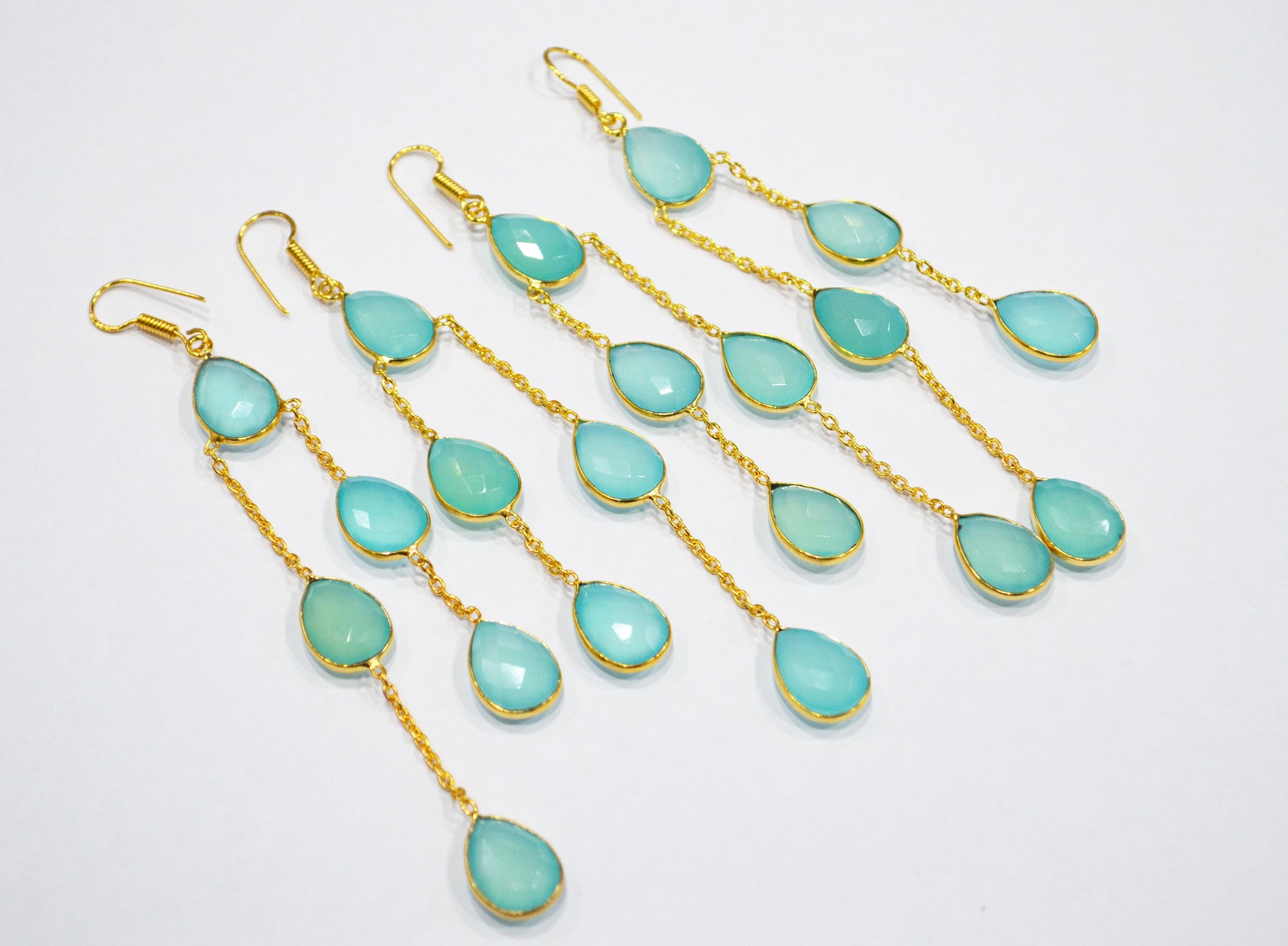 Aqua Chalcedony Fancy Shape Earrings , Aqua Chalcedony Pear Shape Gold Plated Brass Dangle Earrings , Women Earrings , 11x15 mm , RB-7451