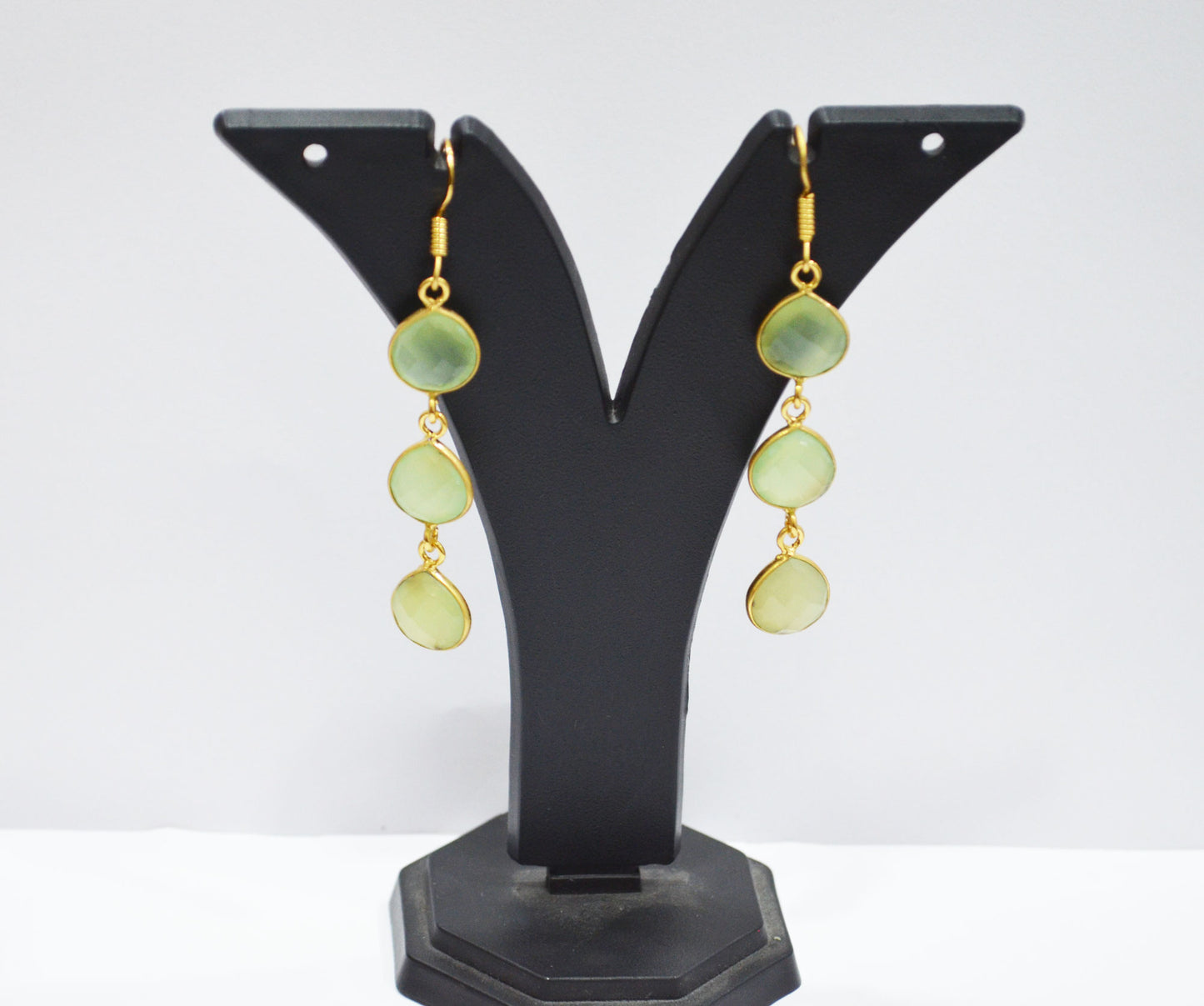 Prehnite Chalcedony Fancy Shape Earrings , Prehnite Chalcedony Heart Shape Gold Plated Brass Dangle Earrings , Women Earrings , 11 mm , RB-7452