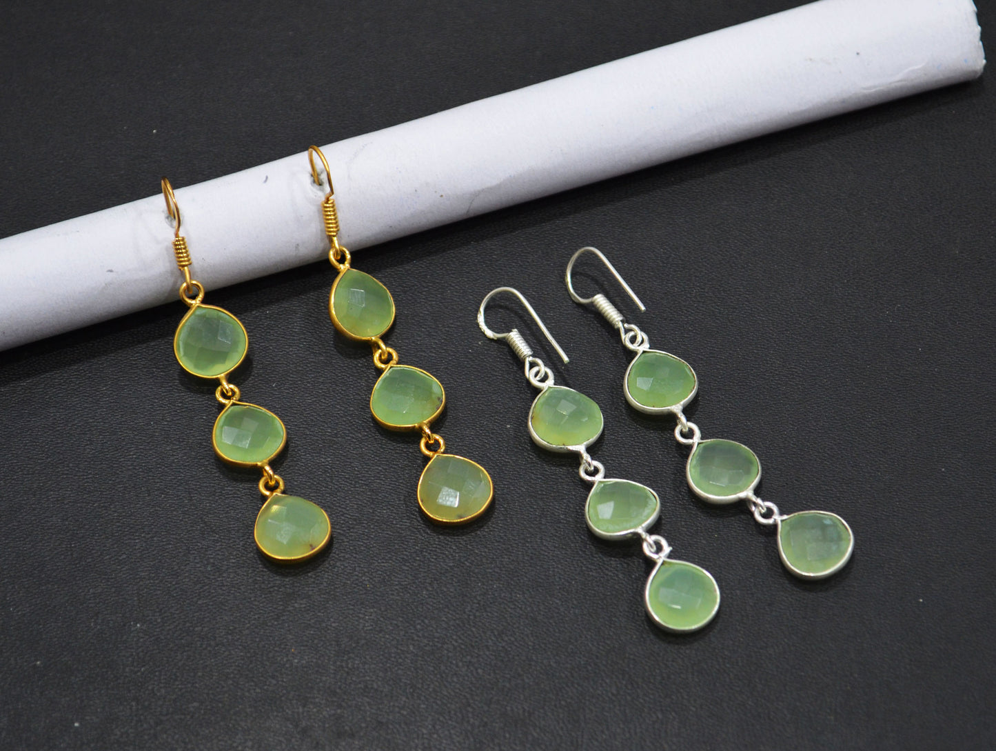 Prehnite Chalcedony Fancy Shape Earrings , Prehnite Chalcedony Heart Shape Gold Plated Brass Dangle Earrings , Women Earrings , 11 mm , RB-7452