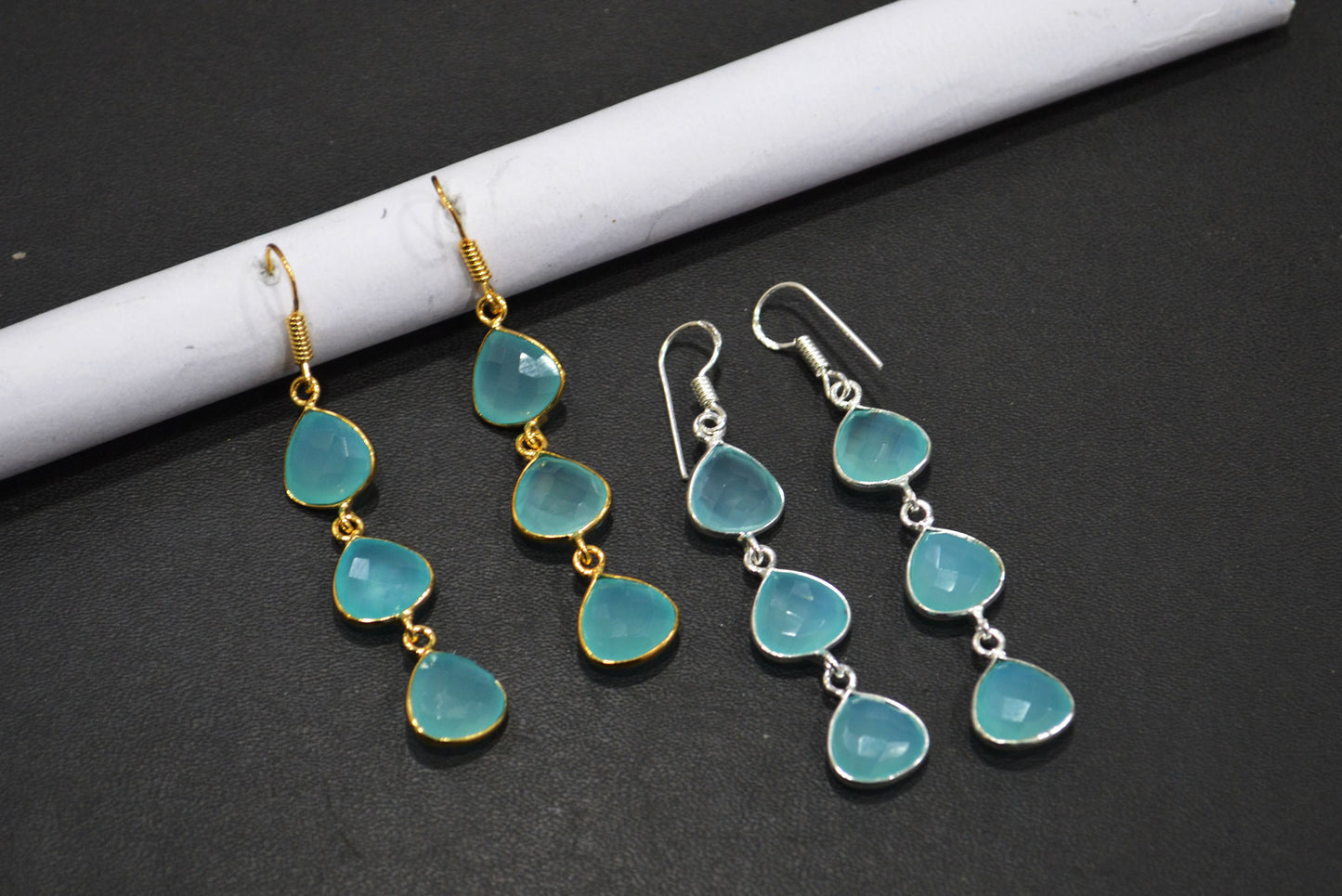 Aqua Chalcedony Fancy Shape Earrings , Aqua Chalcedony Heart Shape Gold Plated Brass Dangle Earrings , Women Earrings , 11 mm , RB-7453