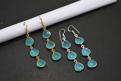 Aqua Chalcedony Fancy Shape Earrings , Aqua Chalcedony Heart Shape Gold Plated Brass Dangle Earrings , Women Earrings , 11 mm , RB-7453