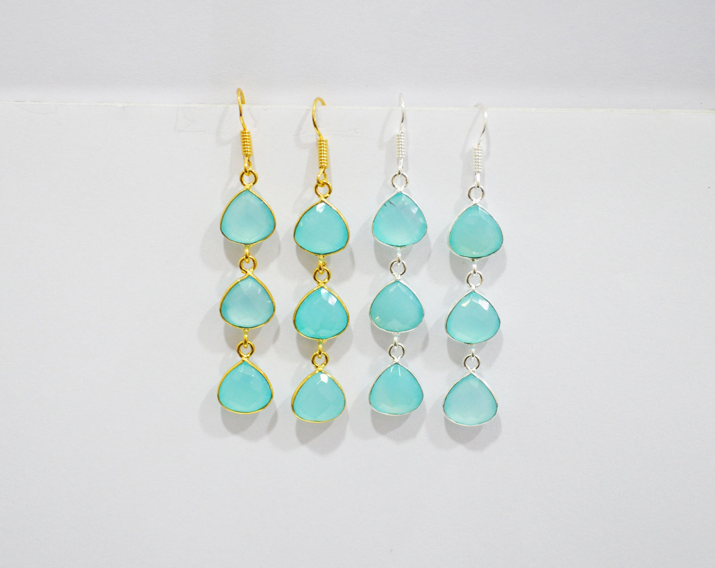 Aqua Chalcedony Fancy Shape Earrings , Aqua Chalcedony Heart Shape Gold Plated Brass Dangle Earrings , Women Earrings , 11 mm , RB-7453