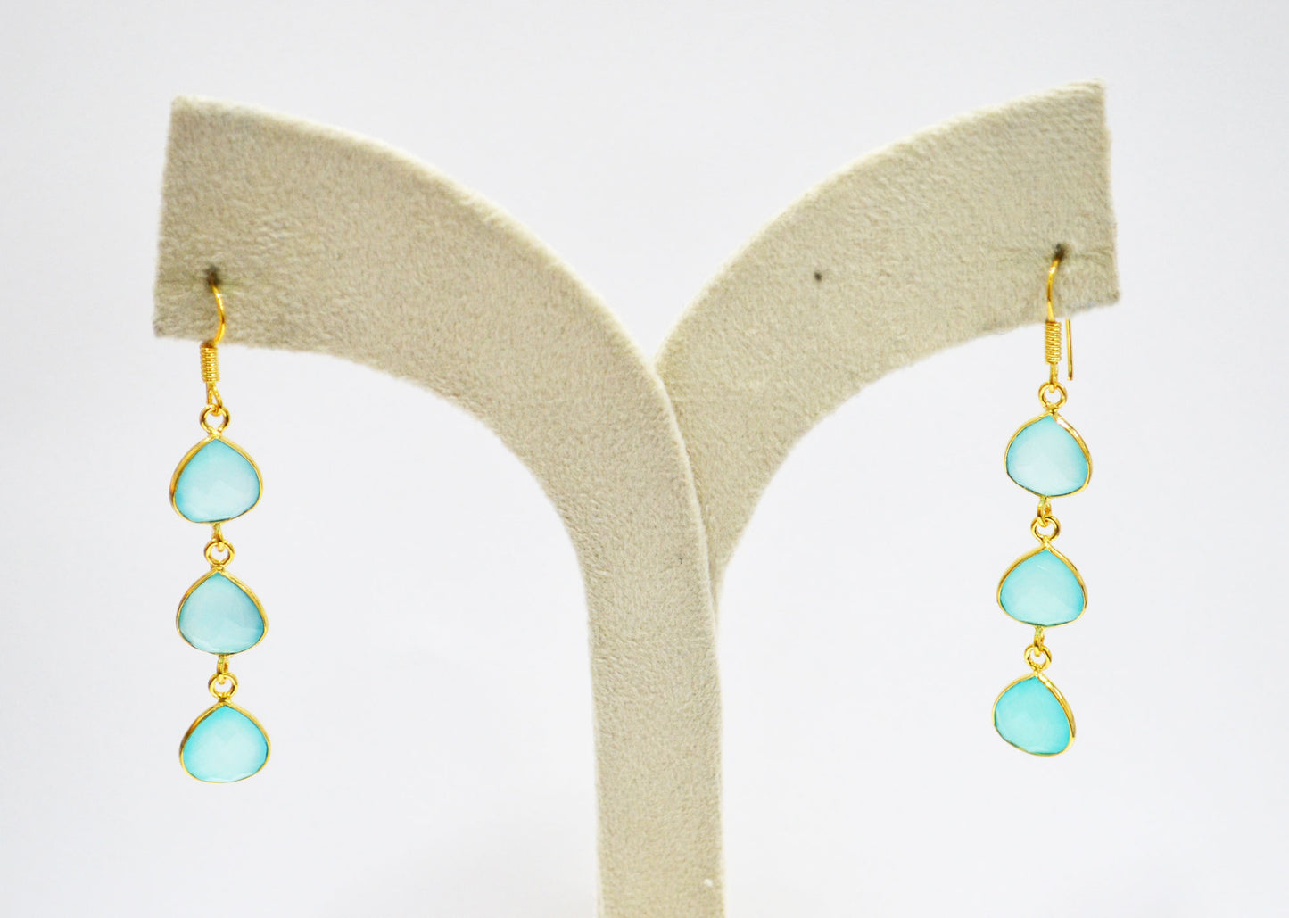 Aqua Chalcedony Fancy Shape Earrings , Aqua Chalcedony Heart Shape Gold Plated Brass Dangle Earrings , Women Earrings , 11 mm , RB-7453