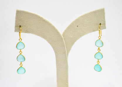Aqua Chalcedony Fancy Shape Earrings , Aqua Chalcedony Heart Shape Gold Plated Brass Dangle Earrings , Women Earrings , 11 mm , RB-7453