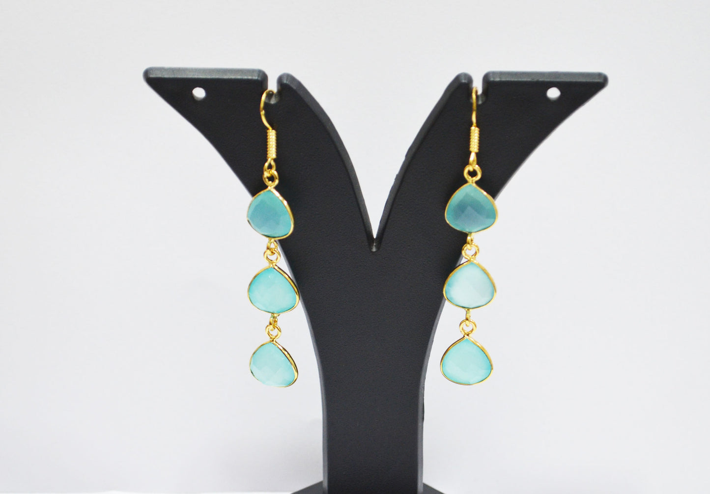 Aqua Chalcedony Fancy Shape Earrings , Aqua Chalcedony Heart Shape Gold Plated Brass Dangle Earrings , Women Earrings , 11 mm , RB-7453