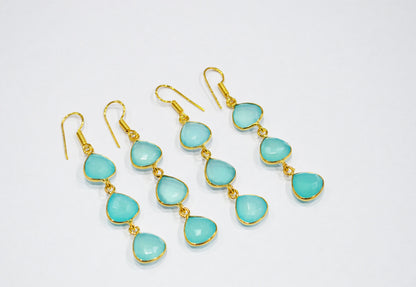 Aqua Chalcedony Fancy Shape Earrings , Aqua Chalcedony Heart Shape Gold Plated Brass Dangle Earrings , Women Earrings , 11 mm , RB-7453