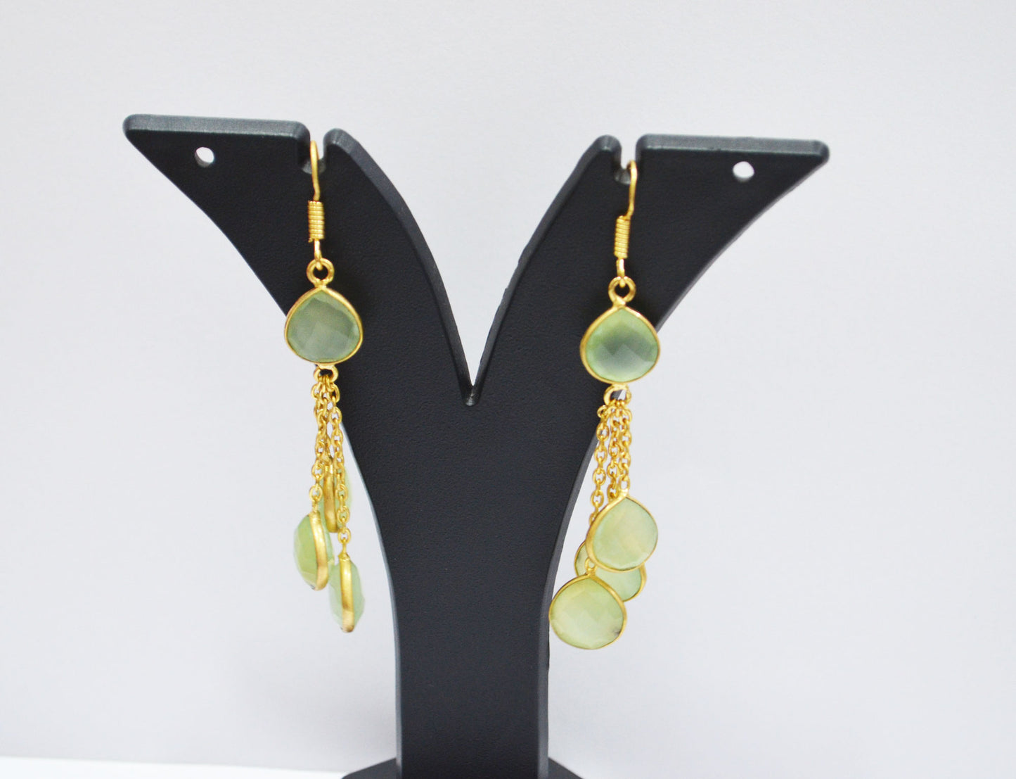 Prehnite Chalcedony Fancy Shape Earrings , Prehnite Chalcedony Heart Shape Gold Plated Brass Dangle Earrings , Women Earrings , 11 mm , RB-7454