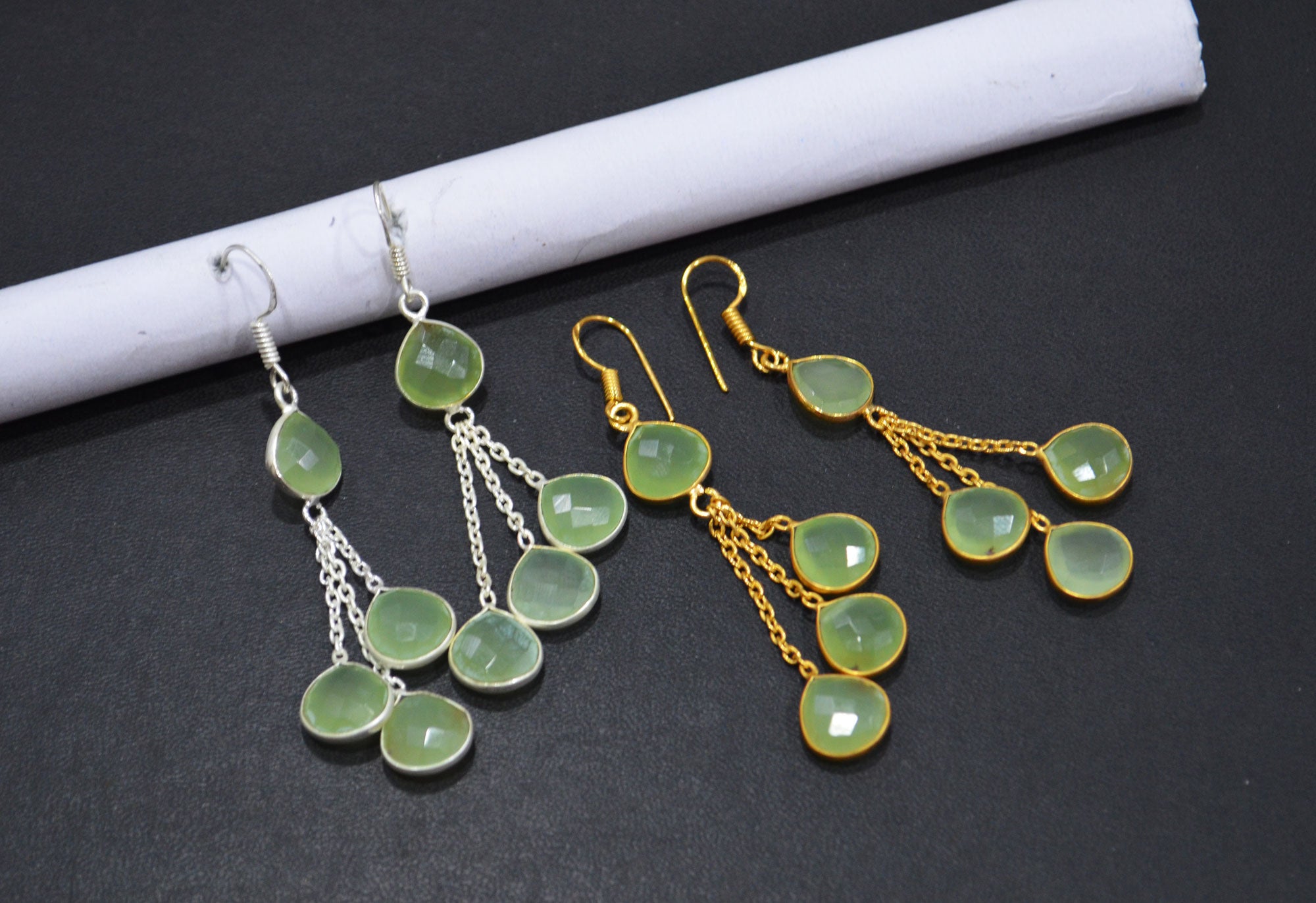 Prehnite Chalcedony Fancy Shape Earrings , Prehnite Chalcedony Heart Shape Gold Plated Brass Dangle Earrings , Women Earrings , 11 mm , RB-7454
