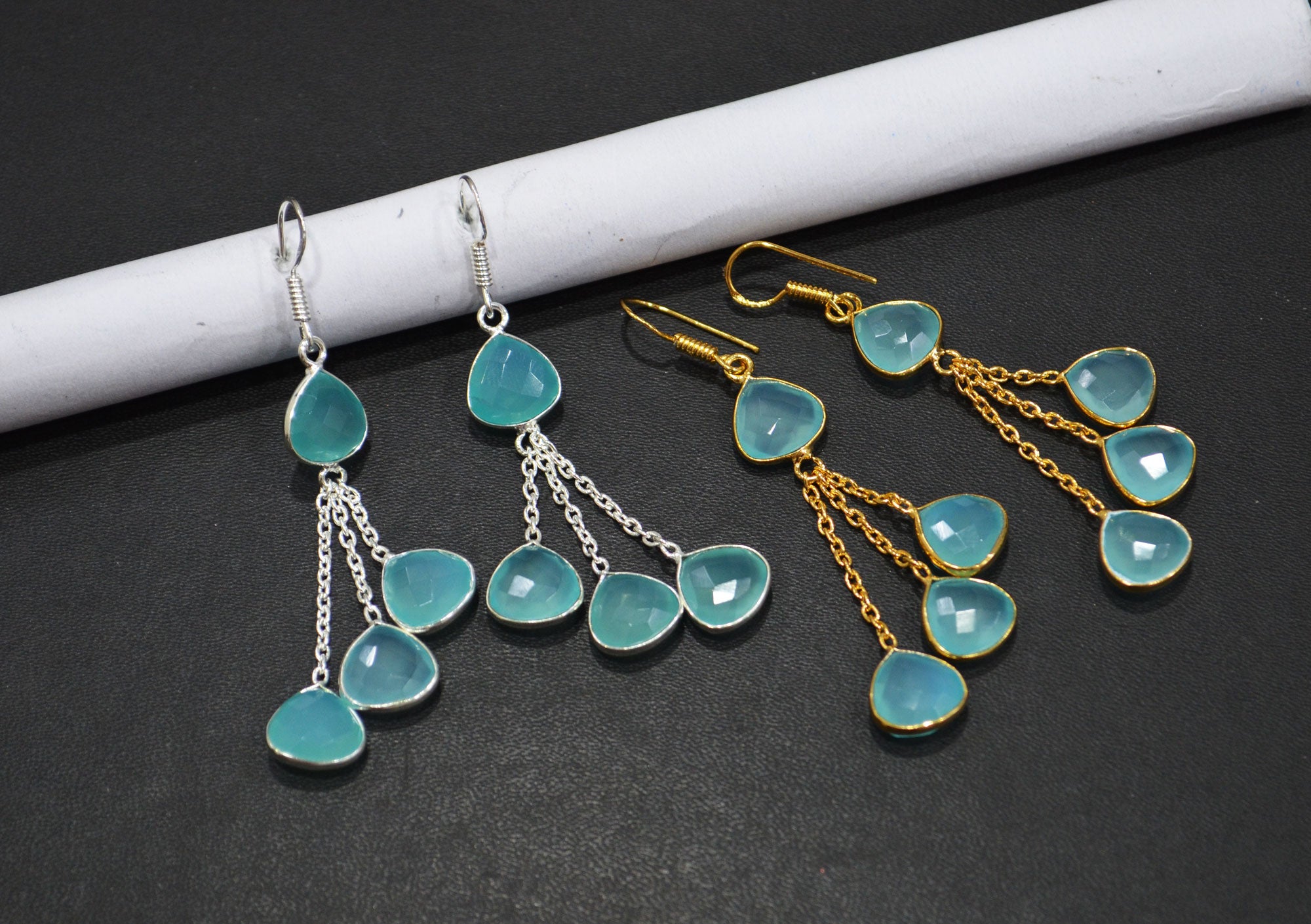 Aqua Chalcedony Fancy Shape Earrings , Aqua Chalcedony Heart Shape Gold Plated Brass Dangle Earrings , Women Earrings , 11 mm , RB-7455