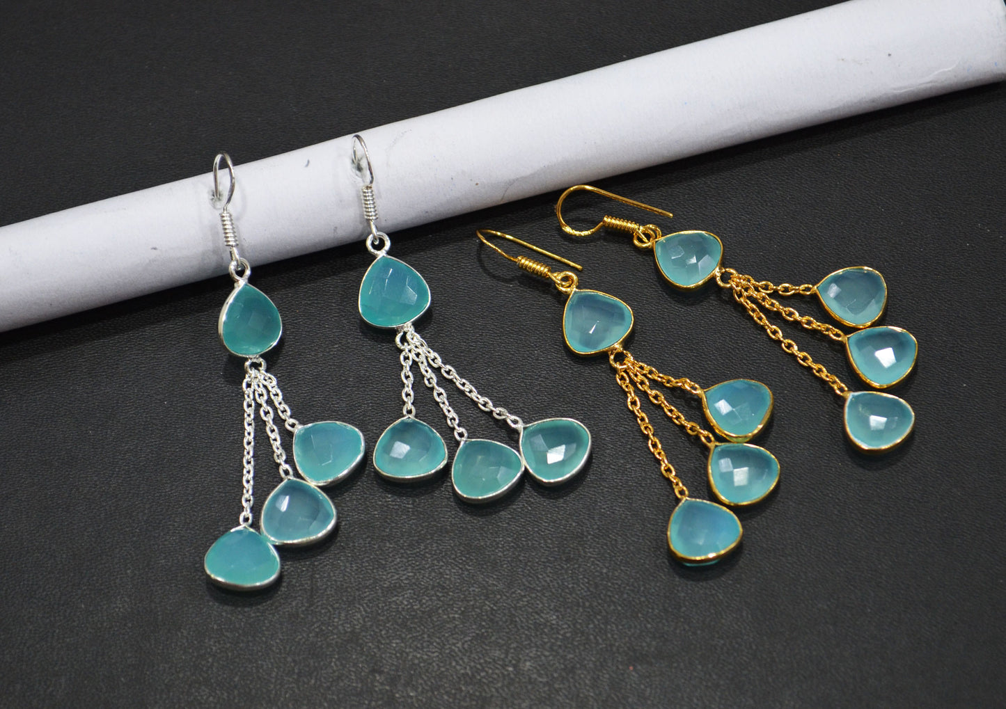 Aqua Chalcedony Fancy Shape Earrings , Aqua Chalcedony Heart Shape Gold Plated Brass Dangle Earrings , Women Earrings , 11 mm , RB-7455