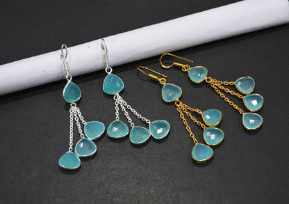 Aqua Chalcedony Fancy Shape Earrings , Aqua Chalcedony Heart Shape Gold Plated Brass Dangle Earrings , Women Earrings , 11 mm , RB-7455