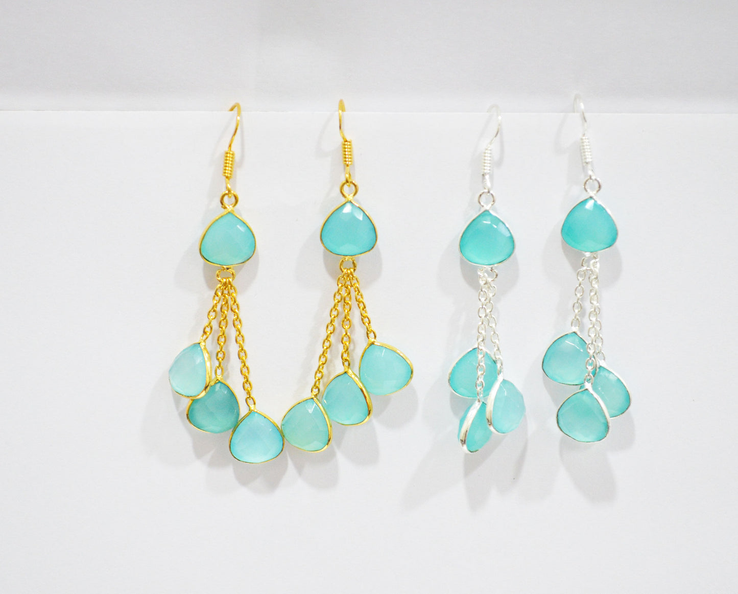 Aqua Chalcedony Fancy Shape Earrings , Aqua Chalcedony Heart Shape Gold Plated Brass Dangle Earrings , Women Earrings , 11 mm , RB-7455