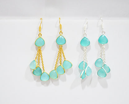 Aqua Chalcedony Fancy Shape Earrings , Aqua Chalcedony Heart Shape Gold Plated Brass Dangle Earrings , Women Earrings , 11 mm , RB-7455