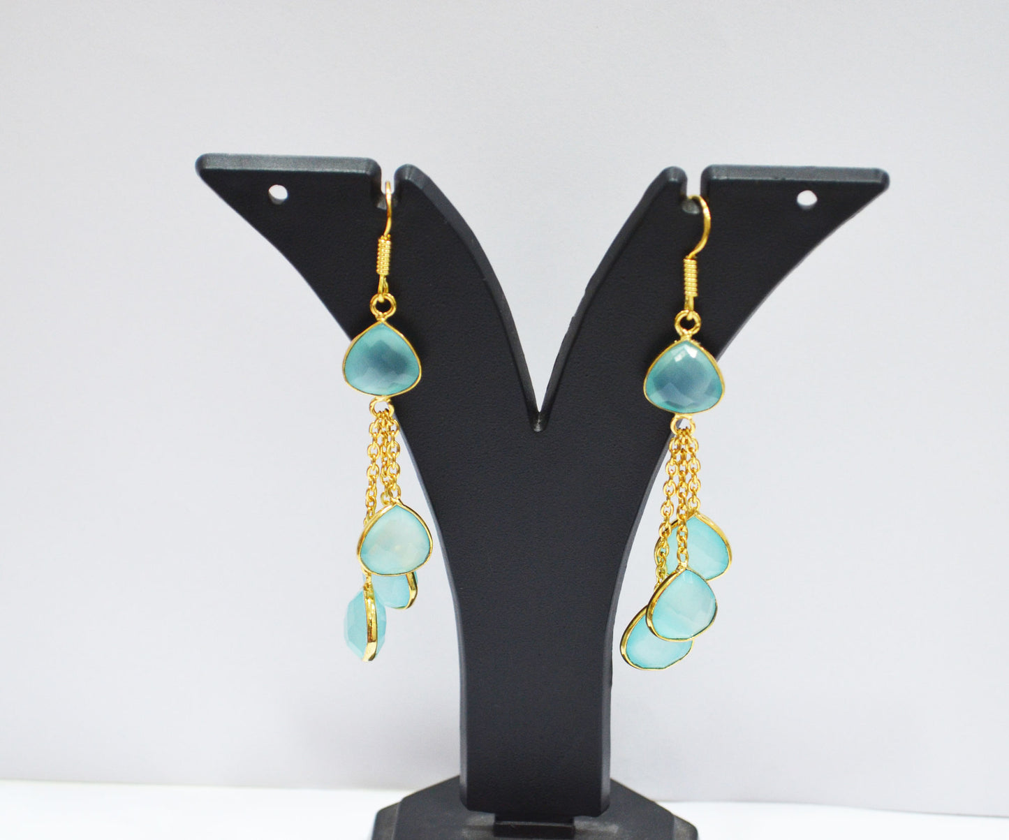 Aqua Chalcedony Fancy Shape Earrings , Aqua Chalcedony Heart Shape Gold Plated Brass Dangle Earrings , Women Earrings , 11 mm , RB-7455