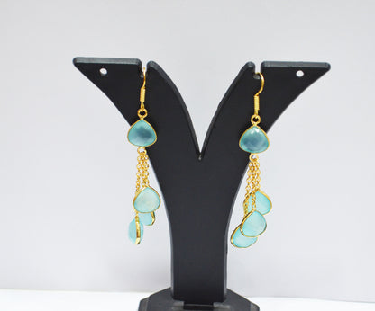 Aqua Chalcedony Fancy Shape Earrings , Aqua Chalcedony Heart Shape Gold Plated Brass Dangle Earrings , Women Earrings , 11 mm , RB-7455