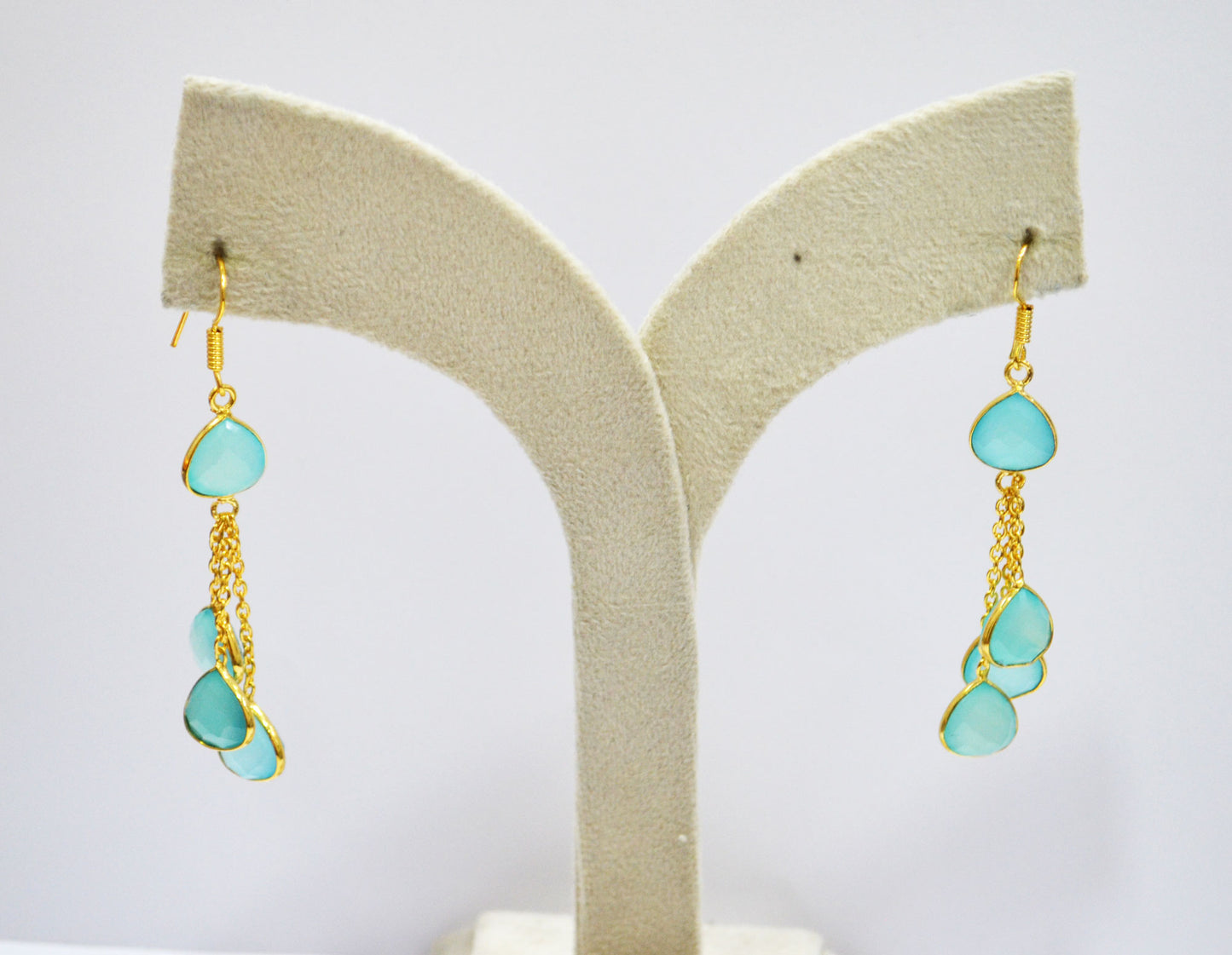 Aqua Chalcedony Fancy Shape Earrings , Aqua Chalcedony Heart Shape Gold Plated Brass Dangle Earrings , Women Earrings , 11 mm , RB-7455