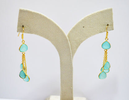 Aqua Chalcedony Fancy Shape Earrings , Aqua Chalcedony Heart Shape Gold Plated Brass Dangle Earrings , Women Earrings , 11 mm , RB-7455