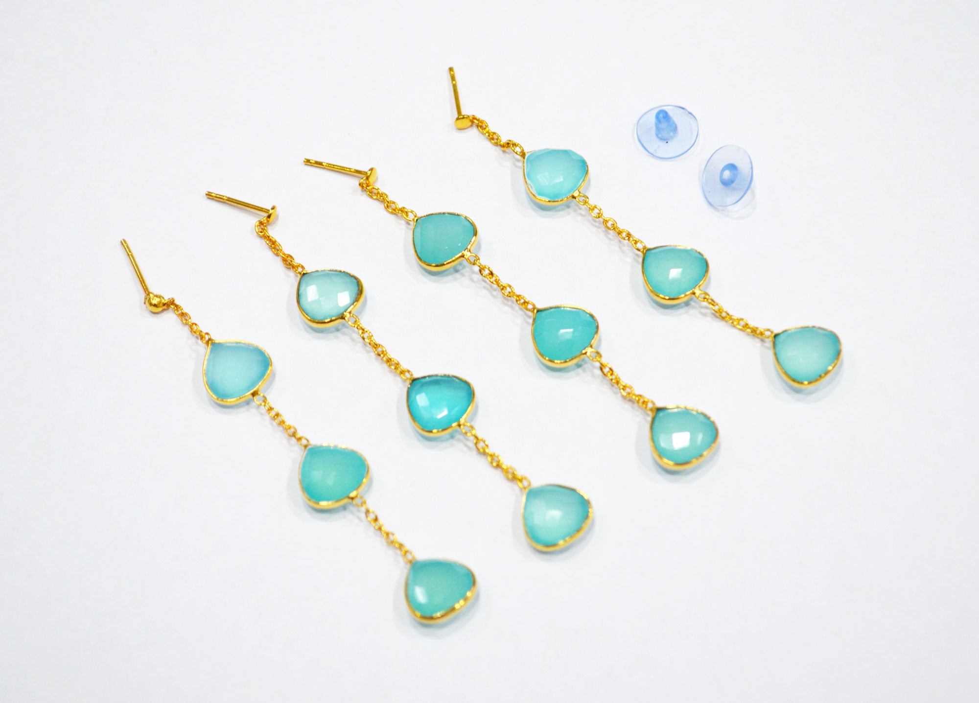 Aqua Chalcedony Fancy Shape Earrings , Aqua Chalcedony Heart Shape Gold Plated Brass Post Earrings , Women Earrings , 11 mm , RB-7456