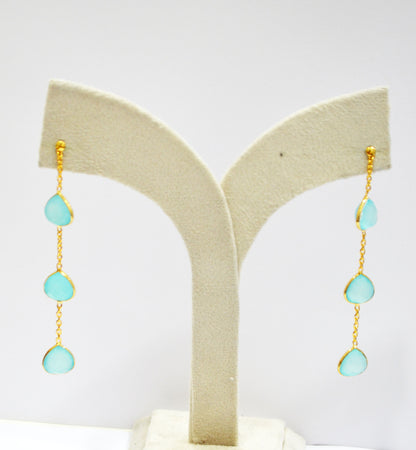 Aqua Chalcedony Fancy Shape Earrings , Aqua Chalcedony Heart Shape Gold Plated Brass Post Earrings , Women Earrings , 11 mm , RB-7456