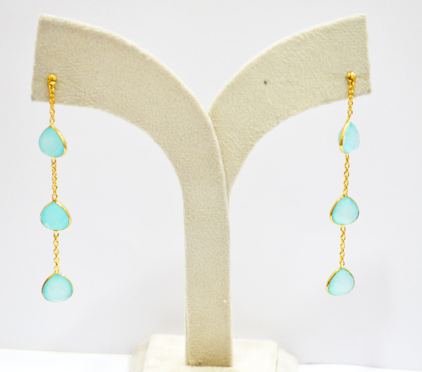 Aqua Chalcedony Fancy Shape Earrings , Aqua Chalcedony Heart Shape Gold Plated Brass Post Earrings , Women Earrings , 11 mm , RB-7456